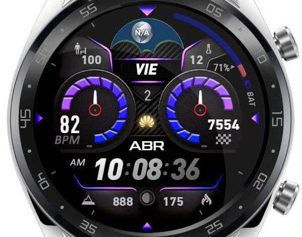 Esfera de reloj digital púrpura con iconos de clima hermoso